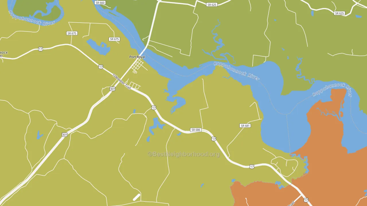Map of the best neighborhoods in the Port Royal area, with better matches in green and worse matches in red