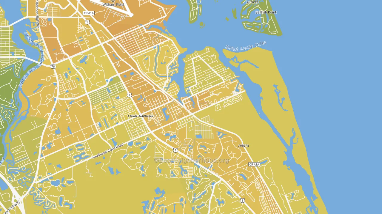 Map of the best neighborhoods in the Port Salerno area, with better matches in green and worse matches in red
