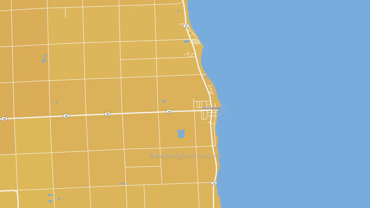 Map of the best neighborhoods in the Port Sanilac area, with better matches in green and worse matches in red