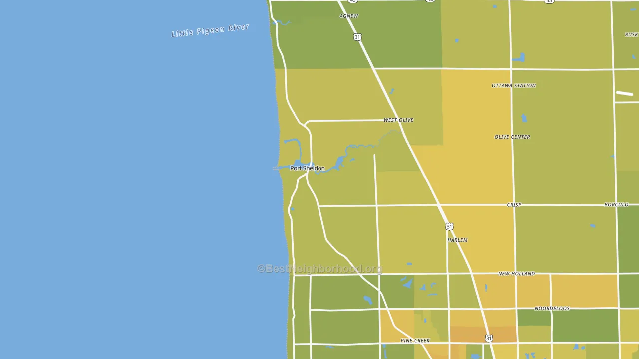 Map of the best neighborhoods in the Port Sheldon area, with better matches in green and worse matches in red