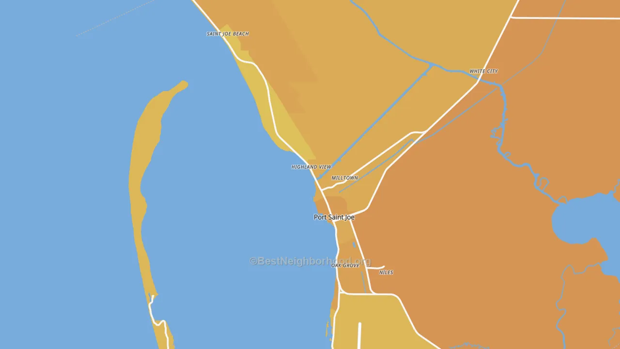 Map of the best neighborhoods in the Port St. Joe area, with better matches in green and worse matches in red
