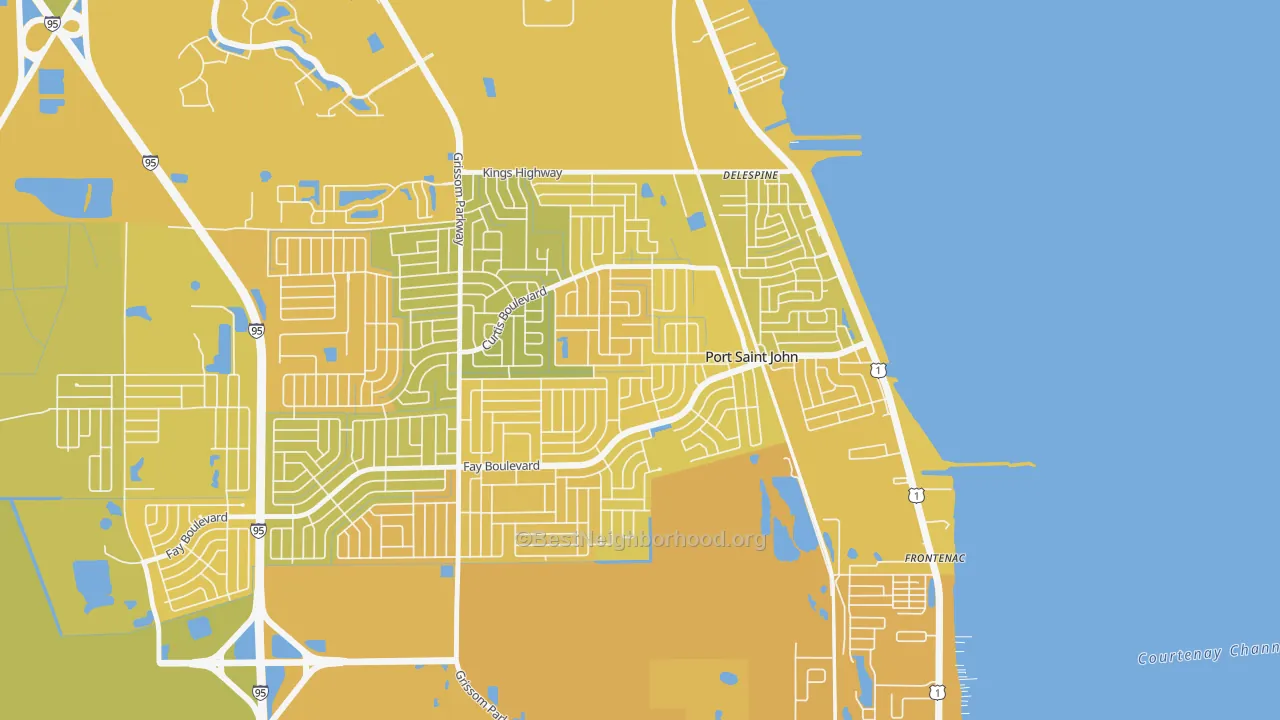 Map of the best neighborhoods in the Port St. John area, with better matches in green and worse matches in red
