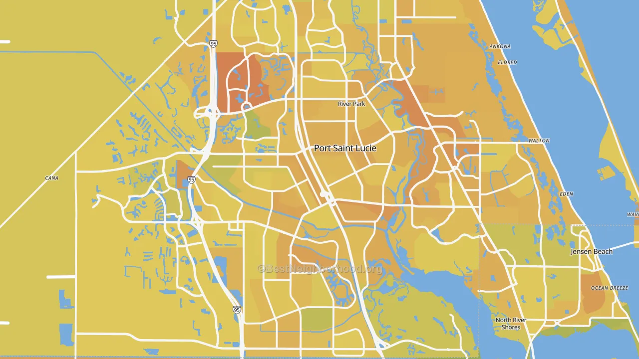 Map of the best neighborhoods in the Port St. Lucie Metro area, with better matches in green and worse matches in red