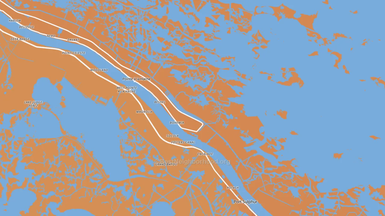 Map of the best neighborhoods in the Port Sulphur area, with better matches in green and worse matches in red