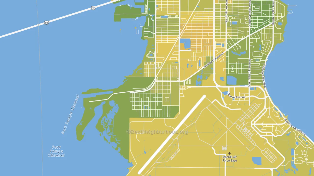 Map of the best neighborhoods in the Port Tampa City, Tampa area, with better matches in green and worse matches in red