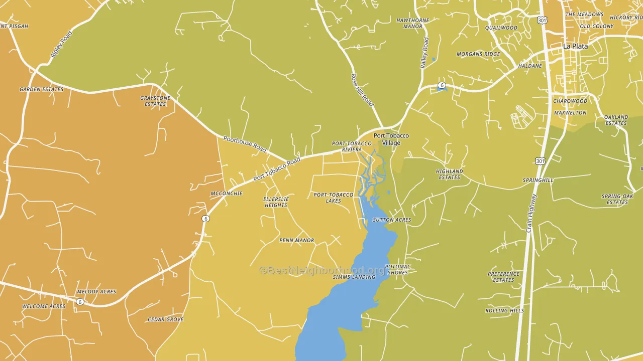 Map of the best neighborhoods in the Port Tobacco area, with better matches in green and worse matches in red