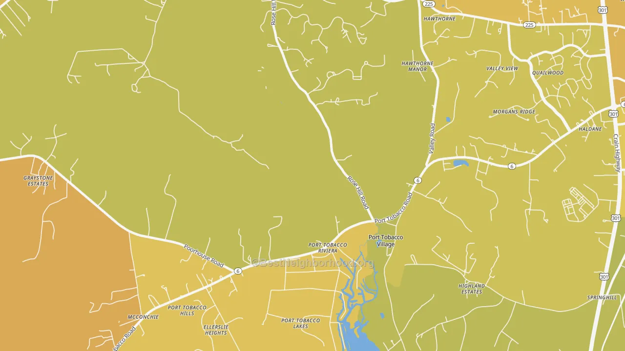 Map of the best neighborhoods in the Port Tobacco Riviera area, with better matches in green and worse matches in red