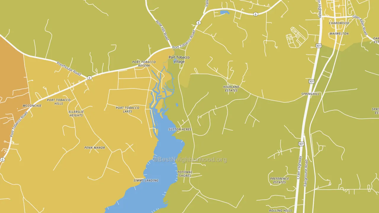 Map of the best neighborhoods in the Port Tobacco Village area, with better matches in green and worse matches in red