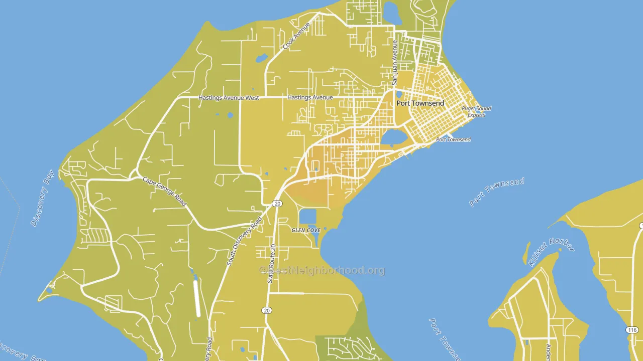 Map of the best neighborhoods in the Port Townsend area, with better matches in green and worse matches in red