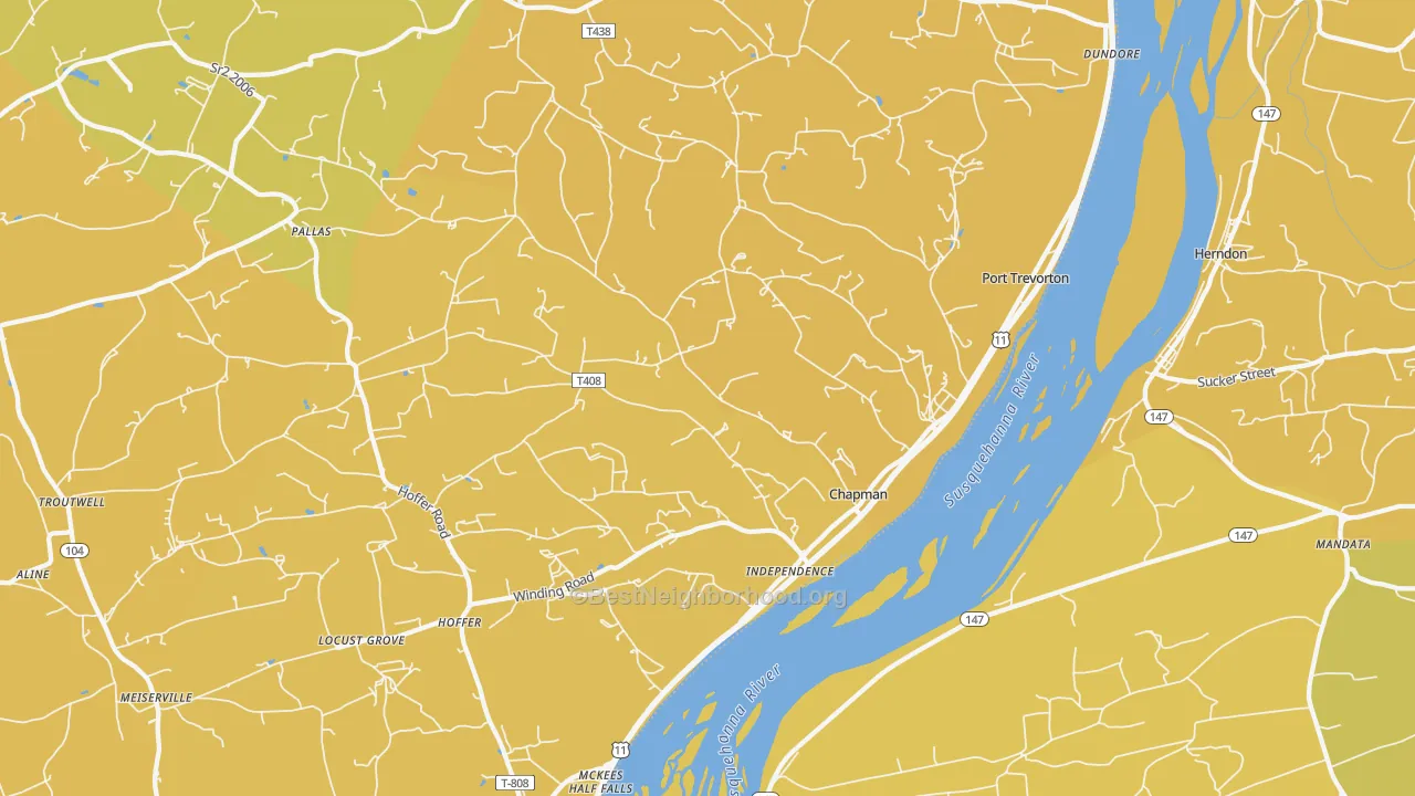 Map of the best neighborhoods in the Port Trevorton area, with better matches in green and worse matches in red