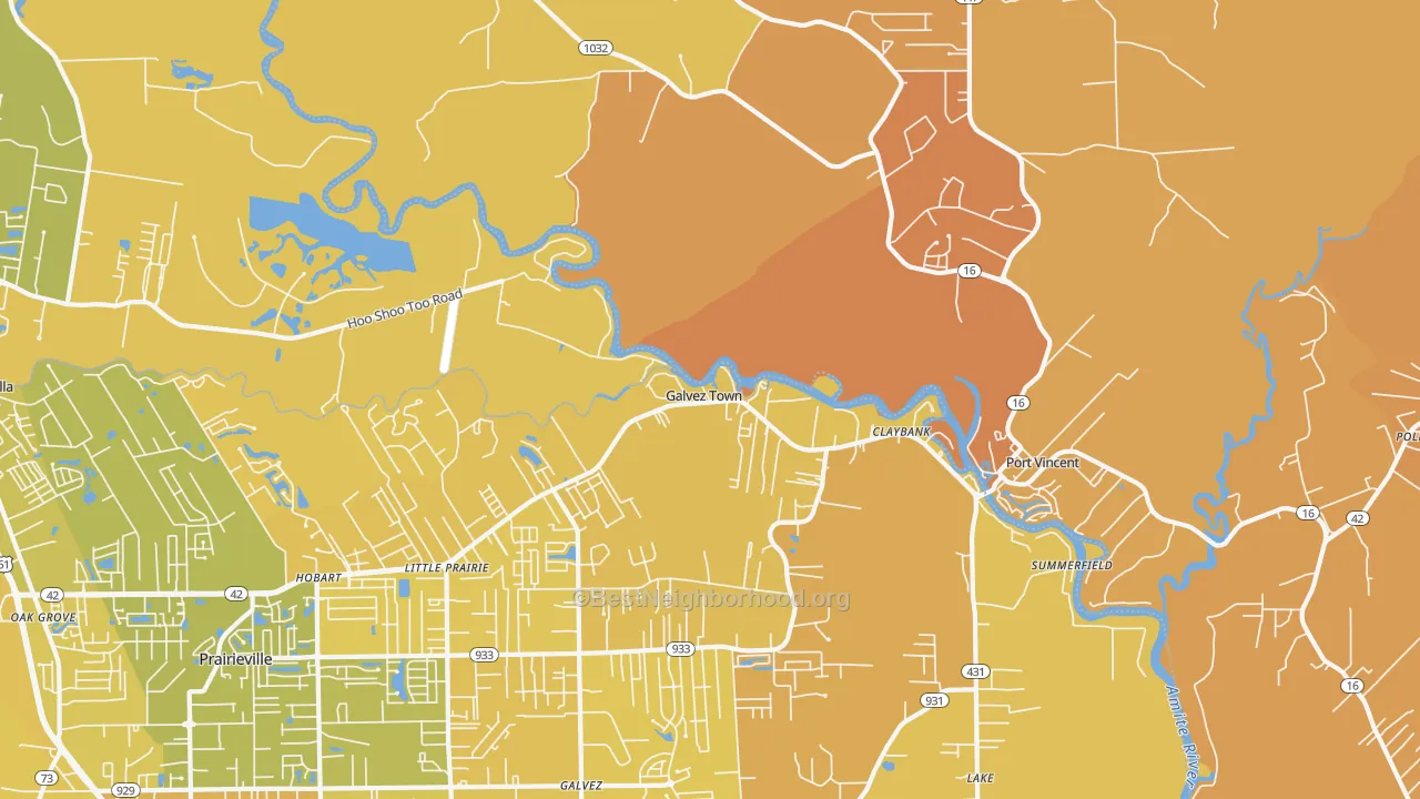 Map of the best neighborhoods in the Port Vincent area, with better matches in green and worse matches in red