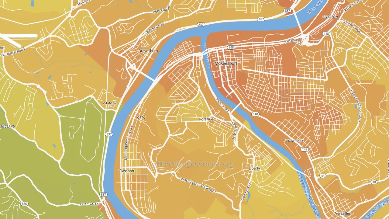 Map of the best neighborhoods in the Port Vue area, with better matches in green and worse matches in red