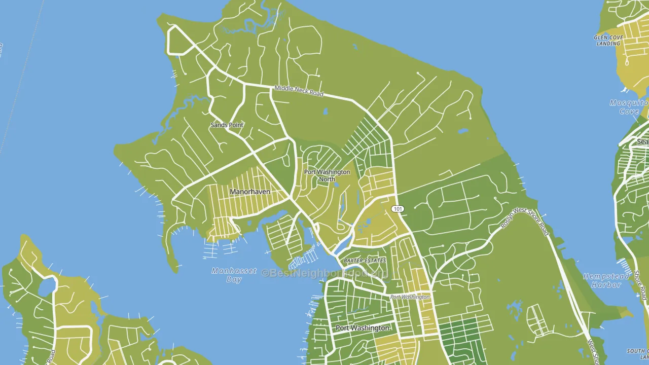 Map of the best neighborhoods in the Port Washington North area, with better matches in green and worse matches in red