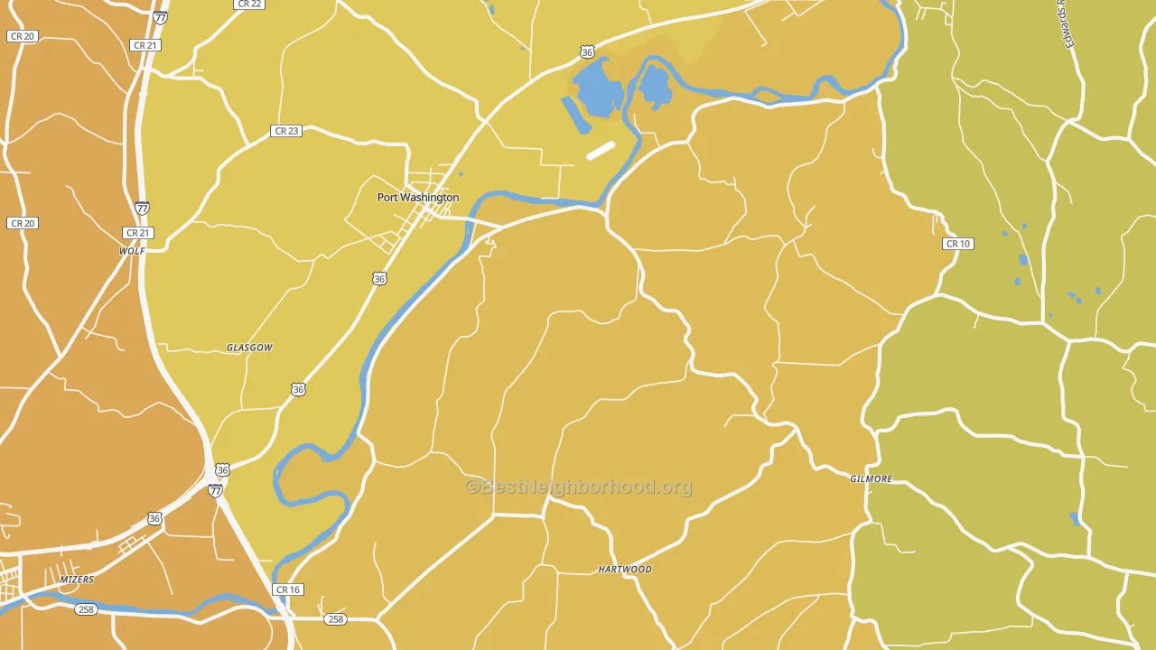 Map of the best neighborhoods in the Port Washington area, with better matches in green and worse matches in red