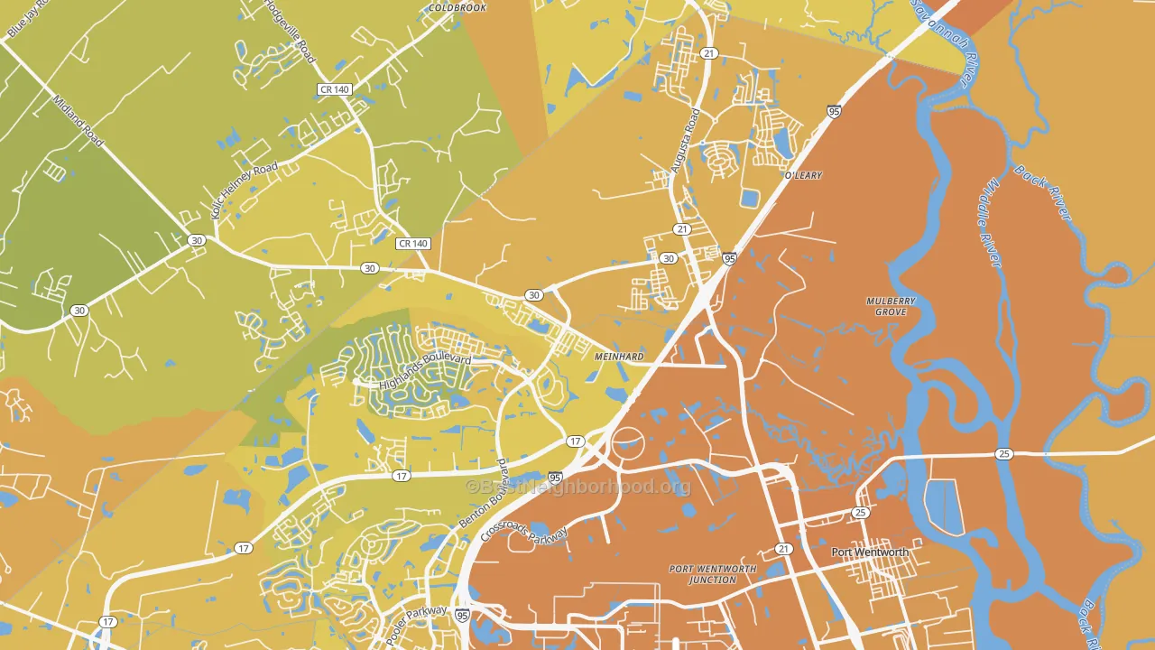 Map of the best neighborhoods in the Port Wentworth area, with better matches in green and worse matches in red