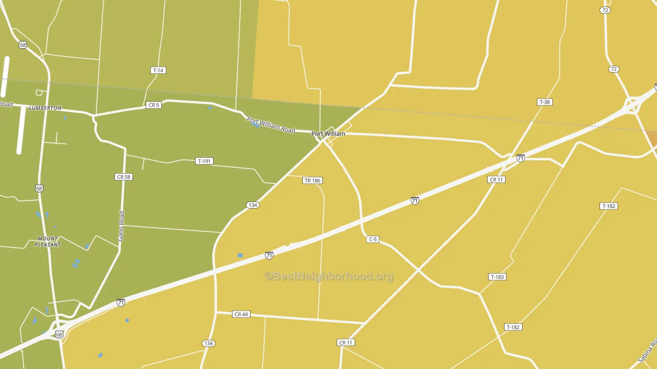 Map of the best neighborhoods in the Port William area, with better matches in green and worse matches in red