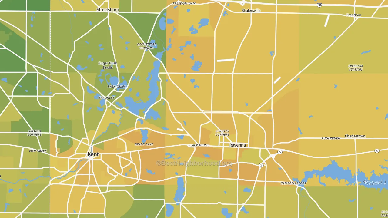Map of the best neighborhoods in the Portage County area, with better matches in green and worse matches in red