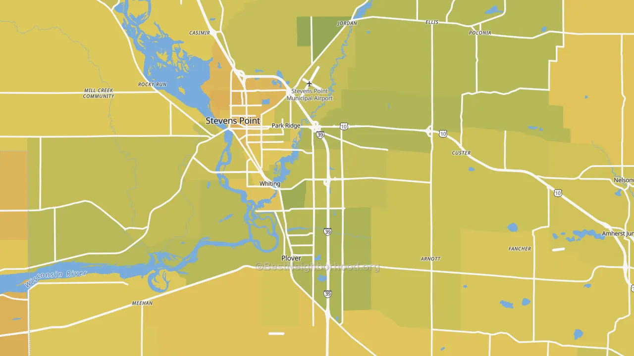 Map of the best neighborhoods in the Portage County area, with better matches in green and worse matches in red