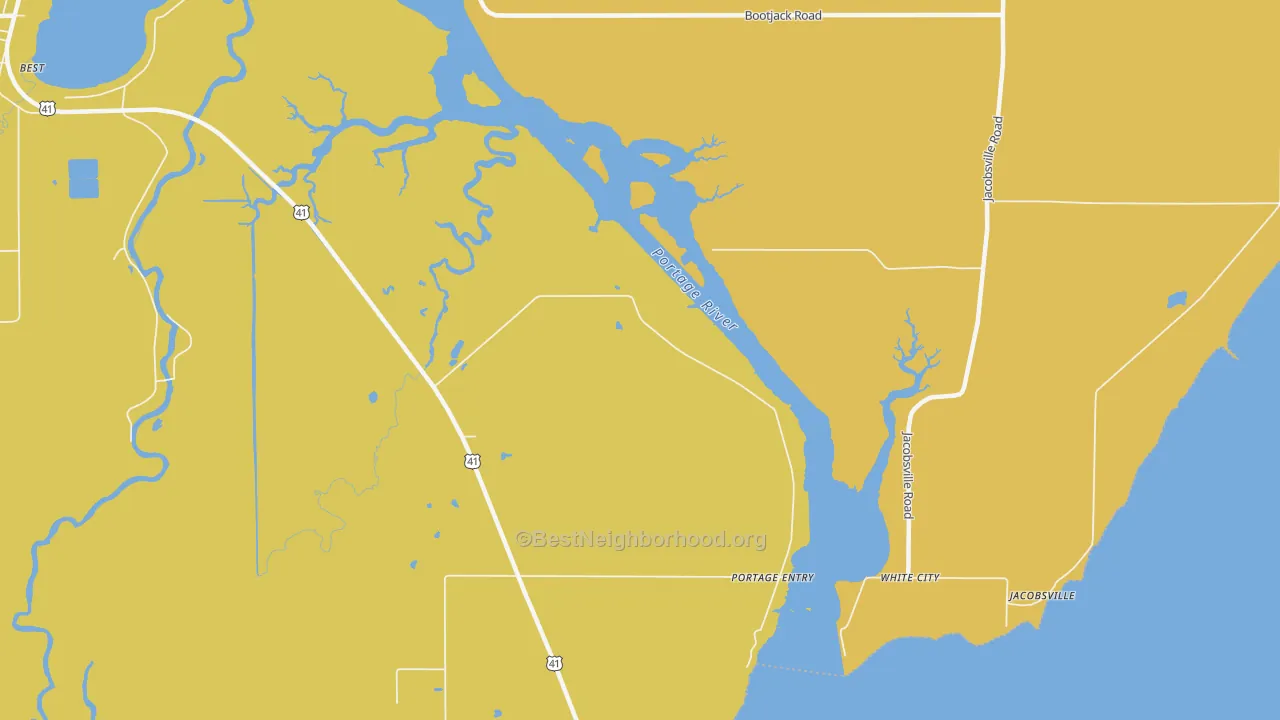 Map of the best neighborhoods in the Portage Entry area, with better matches in green and worse matches in red