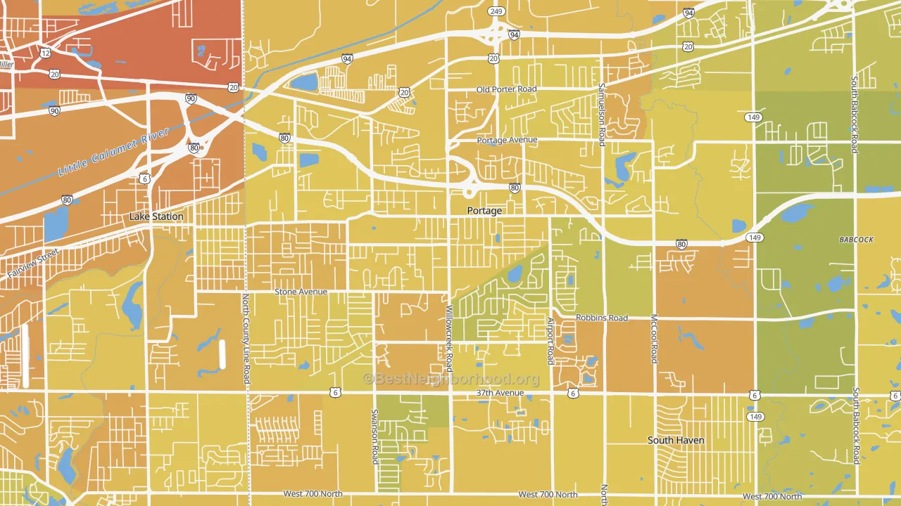 Map of the best neighborhoods in the Portage area, with better matches in green and worse matches in red