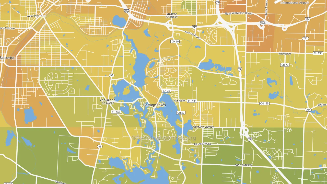 Map of the best neighborhoods in the Portage Lakes area, with better matches in green and worse matches in red