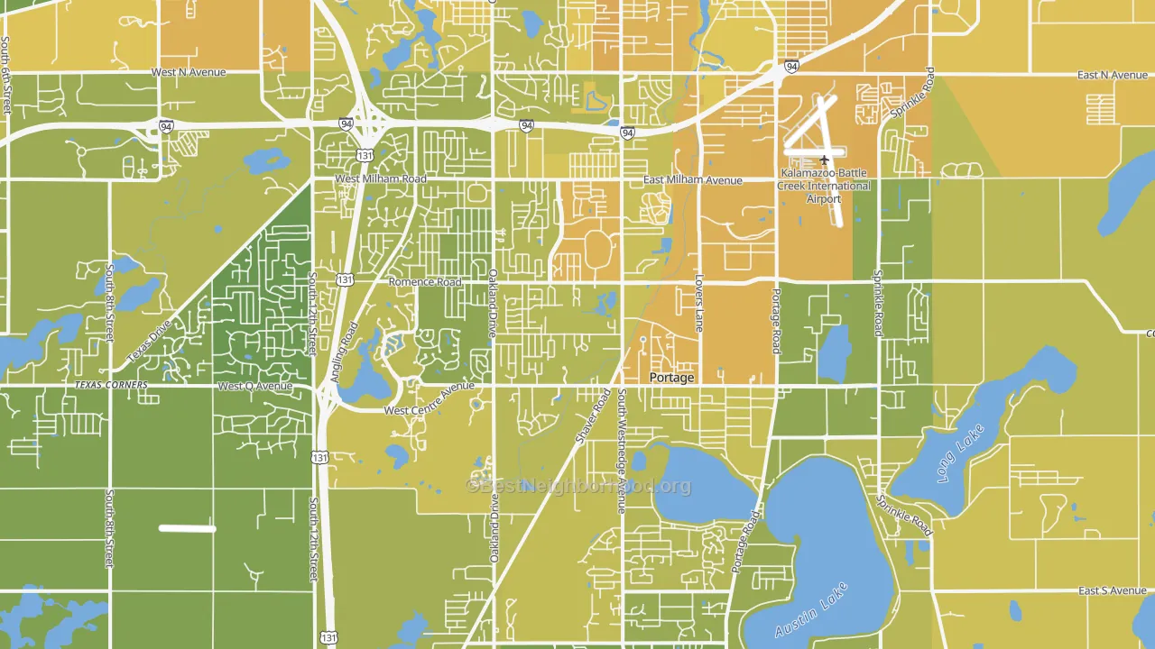 Map of the best neighborhoods in the Portage area, with better matches in green and worse matches in red