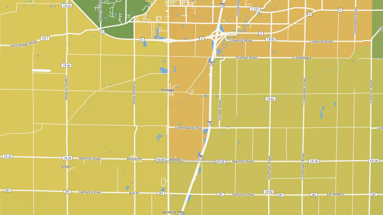 Map of the best neighborhoods in the Portage area, with better matches in green and worse matches in red