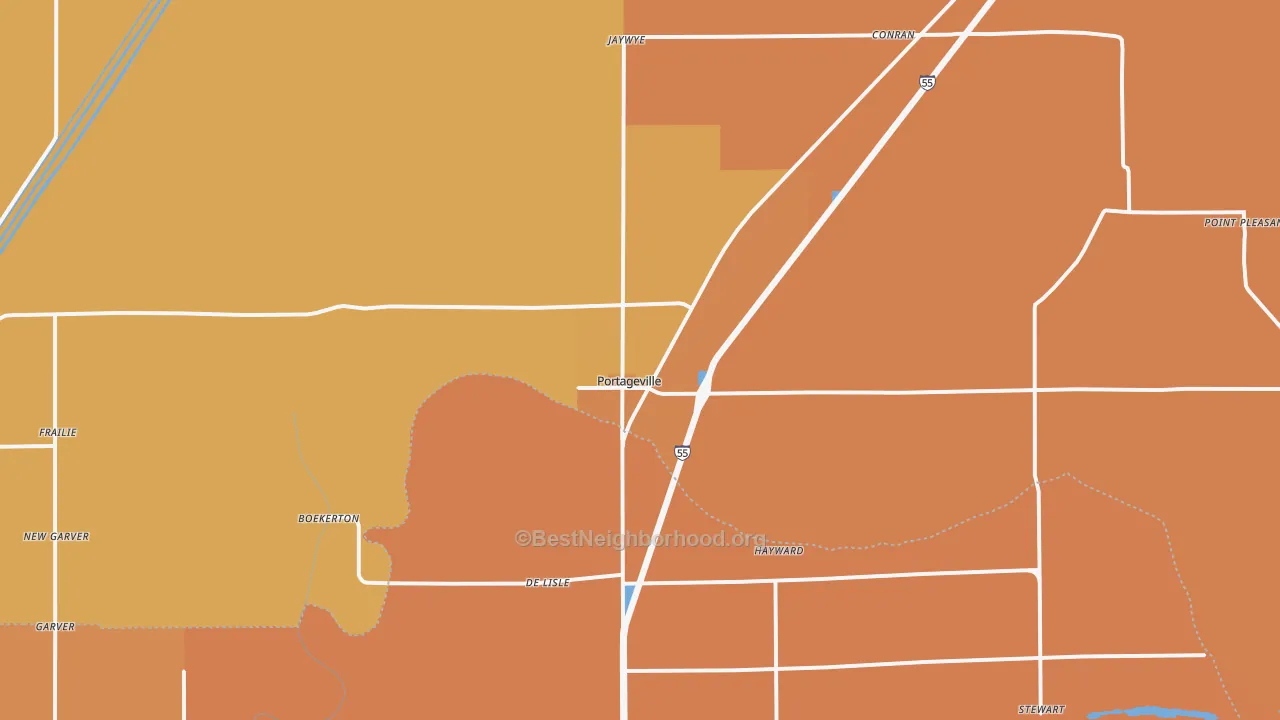 Map of the best neighborhoods in the Portageville area, with better matches in green and worse matches in red