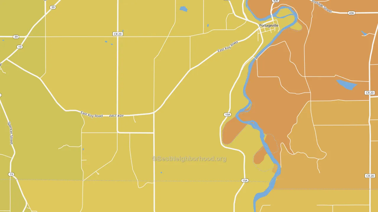 Map of the best neighborhoods in the Portageville area, with better matches in green and worse matches in red