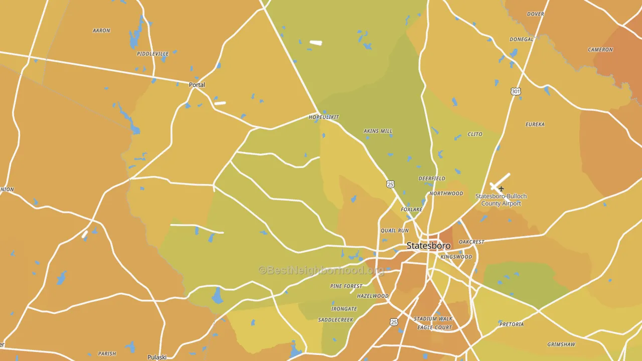 Map of the best neighborhoods in the Portal area, with better matches in green and worse matches in red