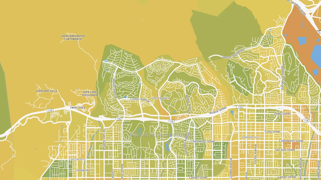 Map of the best neighborhoods in the Portar Ranch, Northridge area, with better matches in green and worse matches in red