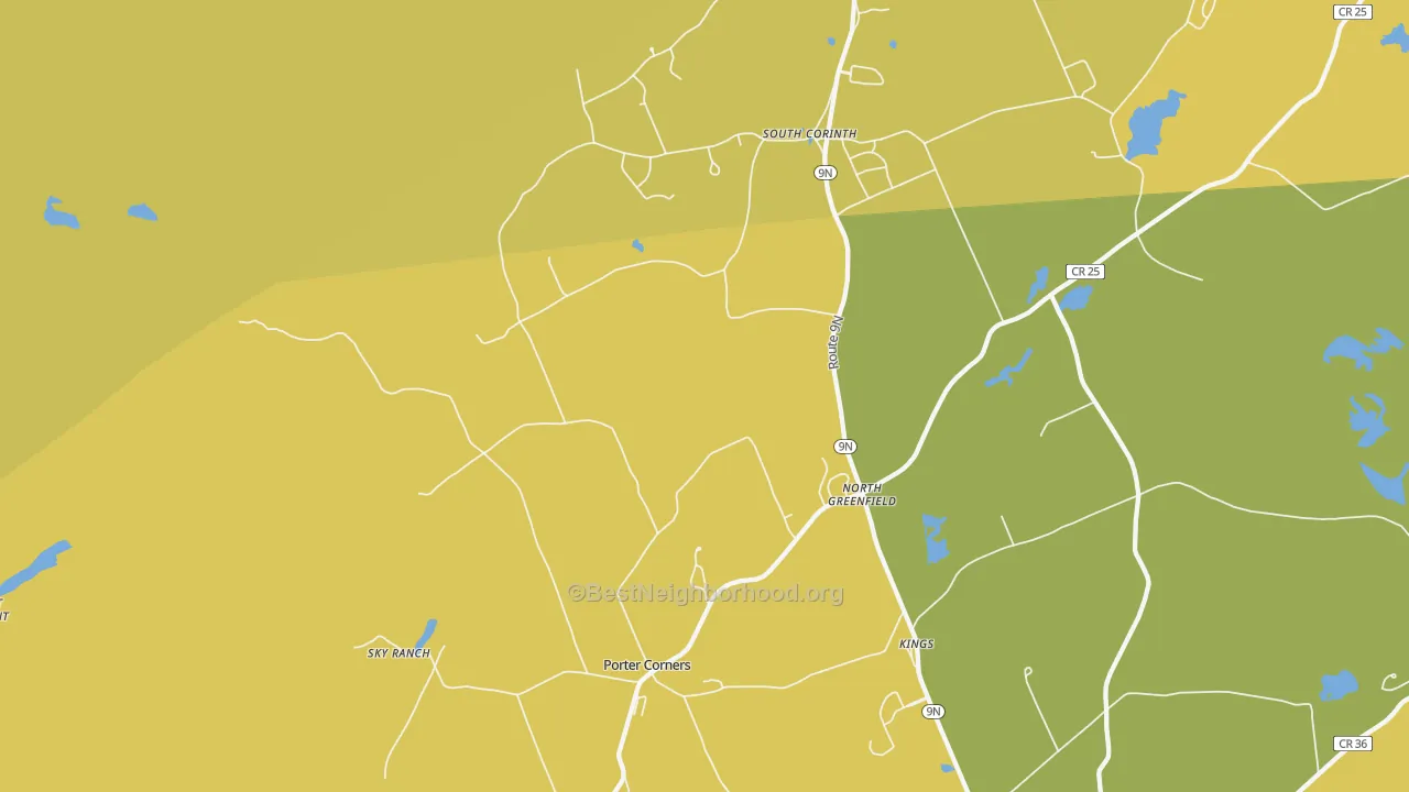 Map of the best neighborhoods in the Porter Corners area, with better matches in green and worse matches in red