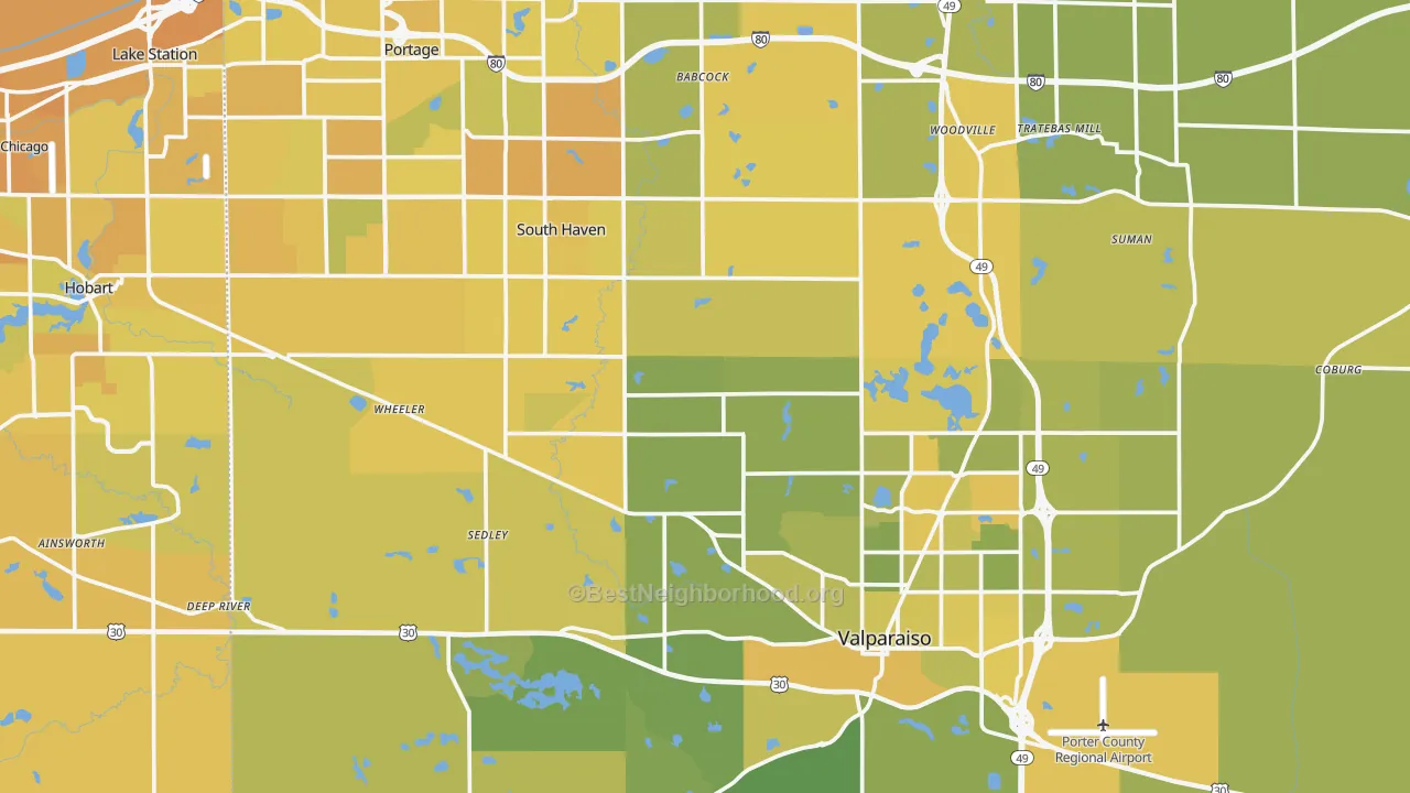 Map of the best neighborhoods in the Porter County area, with better matches in green and worse matches in red