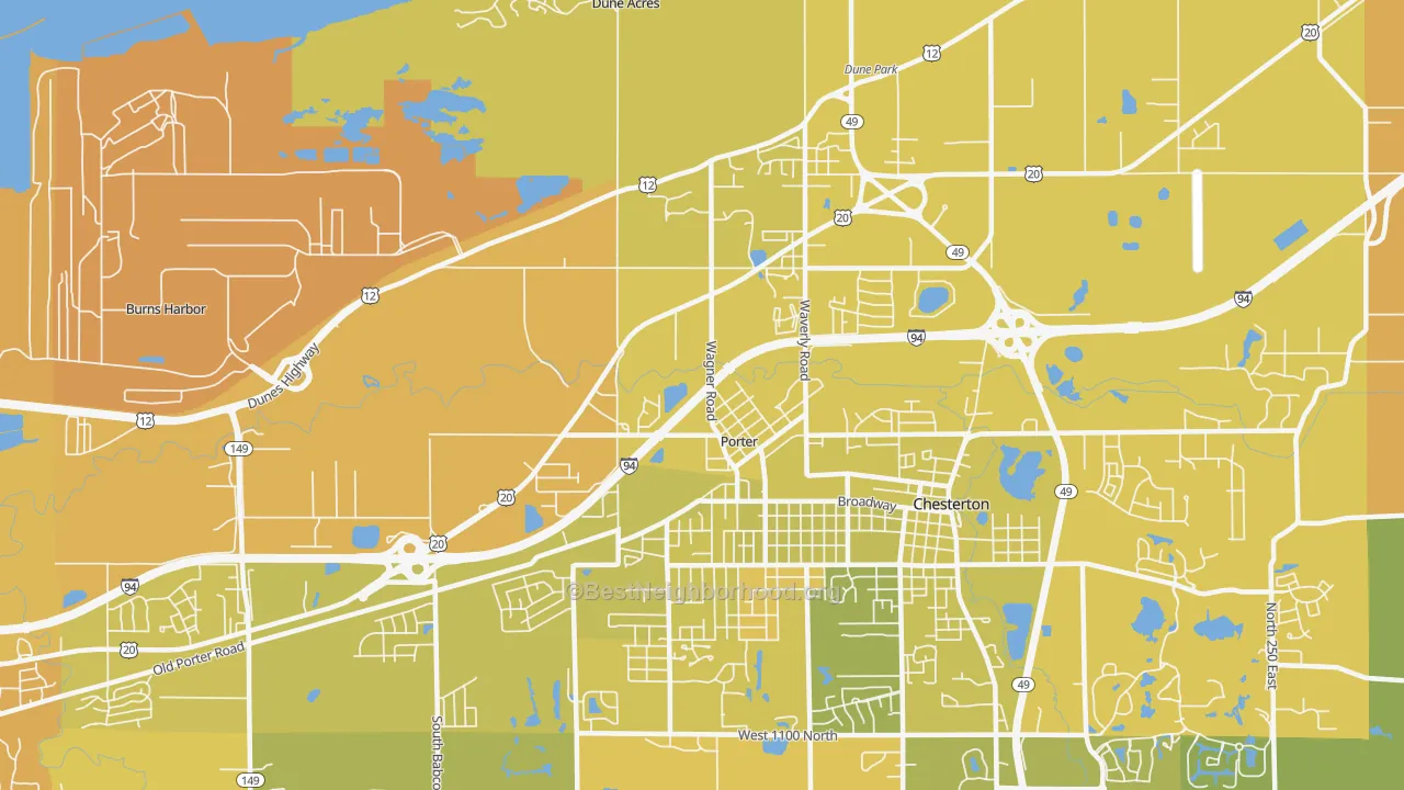 Map of the best neighborhoods in the Porter area, with better matches in green and worse matches in red
