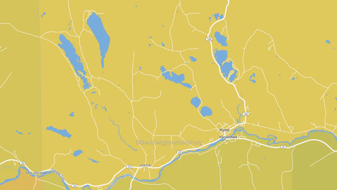 Map of the best neighborhoods in the Porter area, with better matches in green and worse matches in red