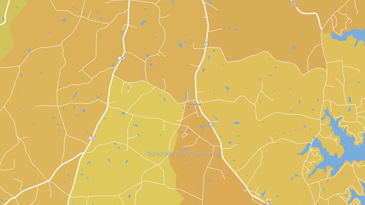 Map of the best neighborhoods in the Porter area, with better matches in green and worse matches in red