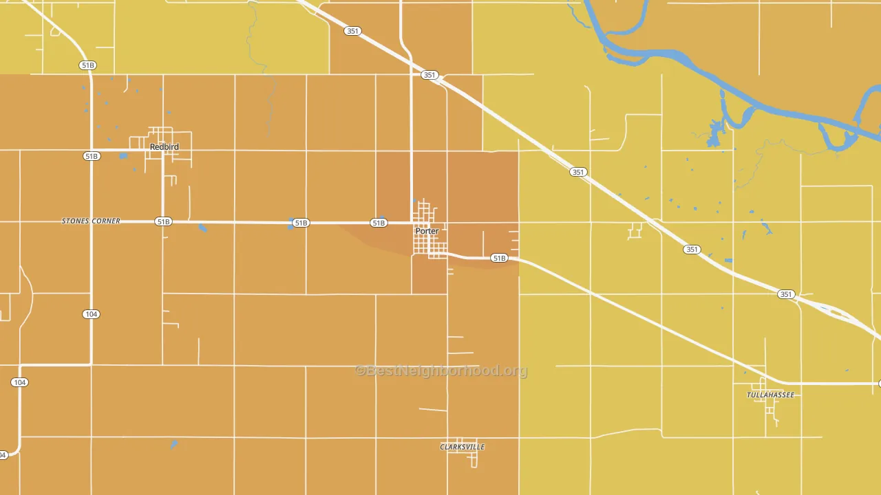 Map of the best neighborhoods in the Porter area, with better matches in green and worse matches in red
