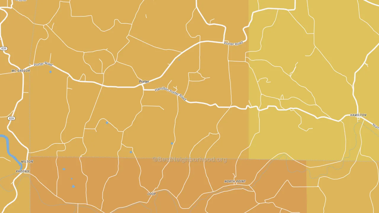Map of the best neighborhoods in the Porter area, with better matches in green and worse matches in red