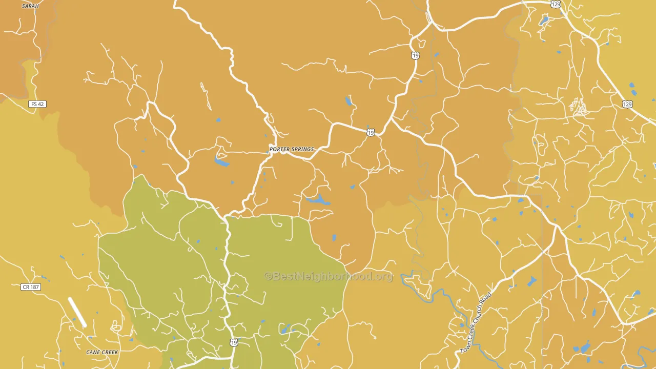 Map of the best neighborhoods in the Porter Springs area, with better matches in green and worse matches in red