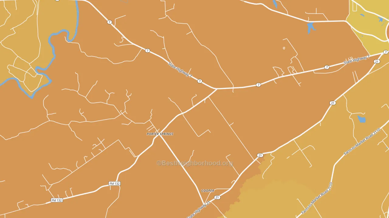 Map of the best neighborhoods in the Porter Springs area, with better matches in green and worse matches in red