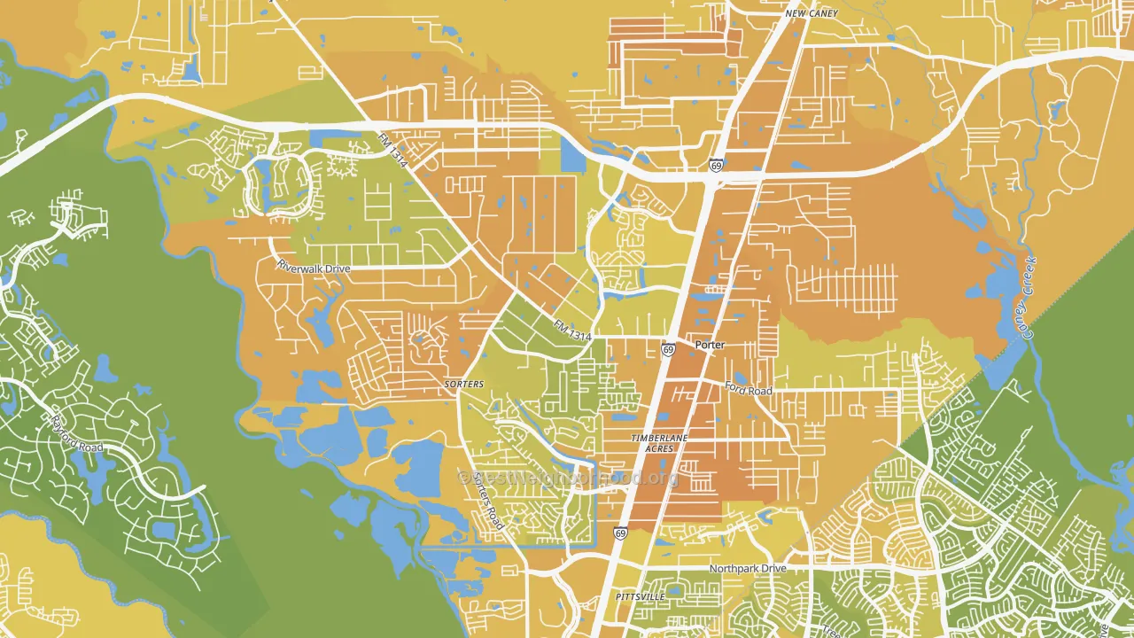 Map of the best neighborhoods in the Porter area, with better matches in green and worse matches in red