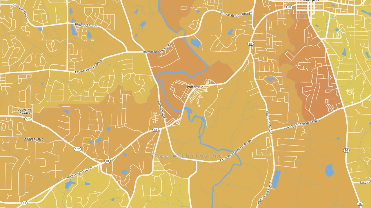 Map of the best neighborhoods in the Porterdale area, with better matches in green and worse matches in red