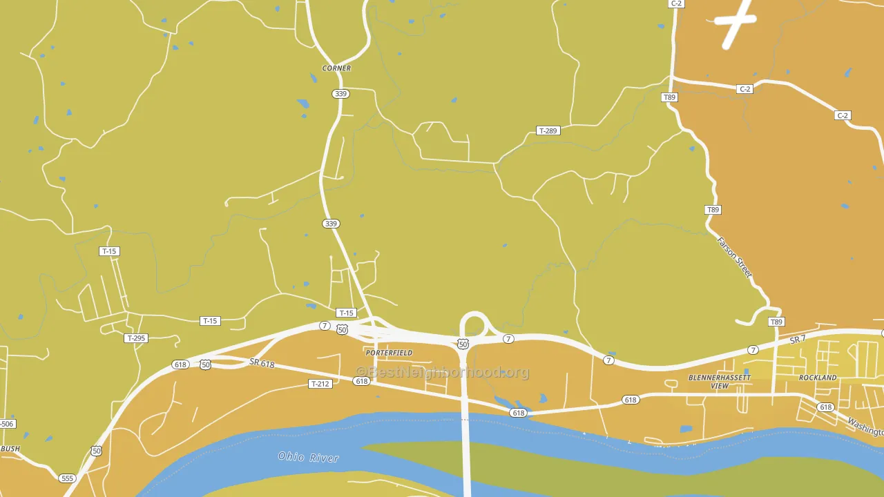 Map of the best neighborhoods in the Porterfield area, with better matches in green and worse matches in red