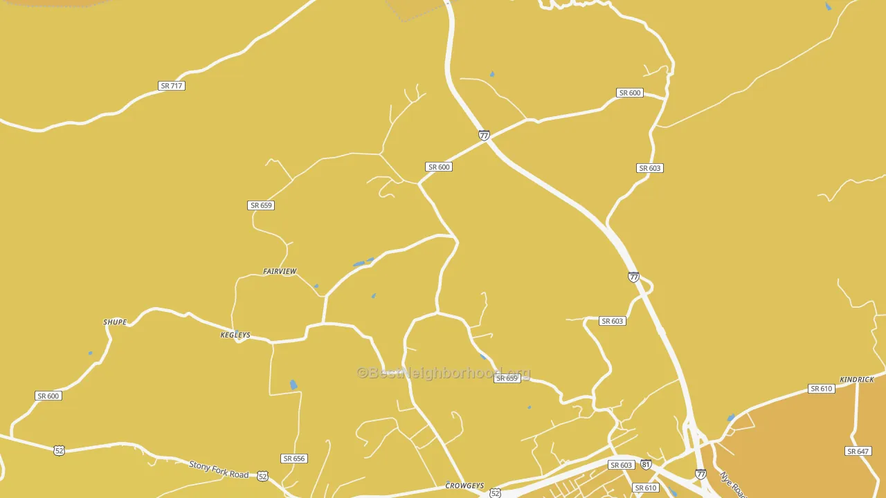 Map of the best neighborhoods in the Porters Crossroads area, with better matches in green and worse matches in red