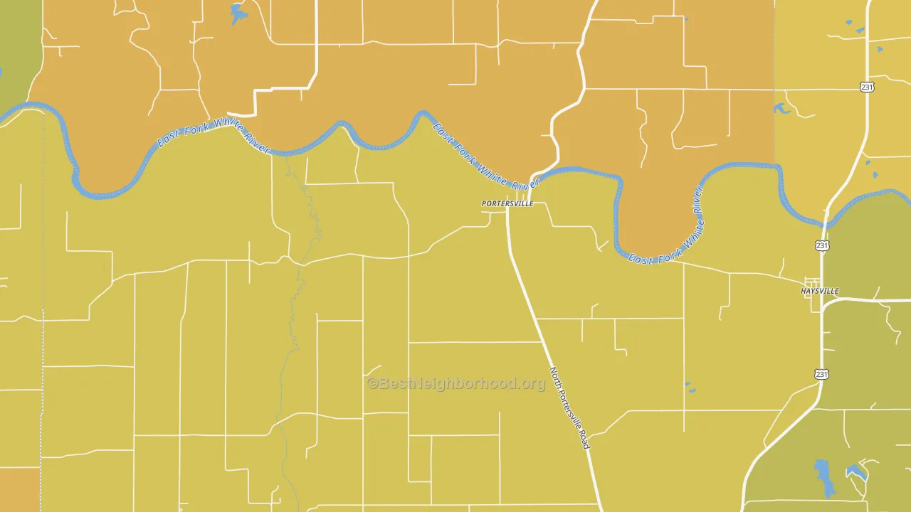 Map of the best neighborhoods in the Portersville area, with better matches in green and worse matches in red