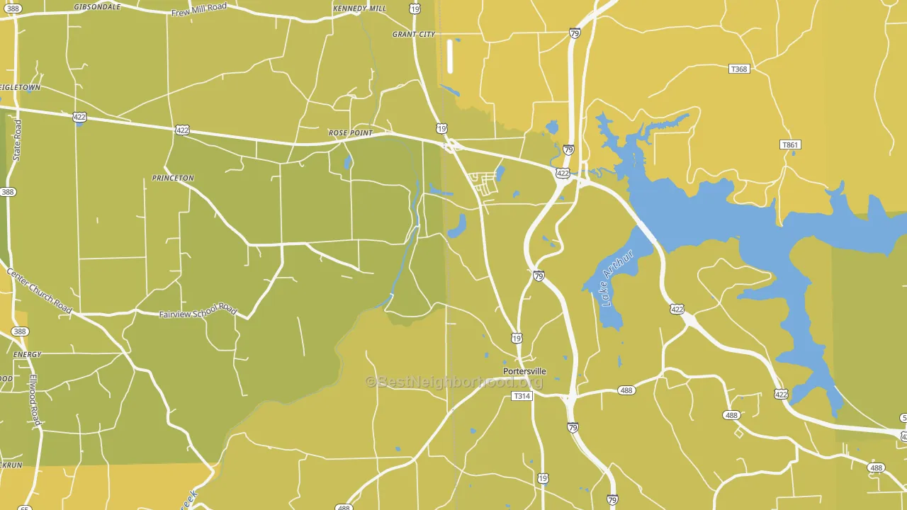 Map of the best neighborhoods in the Portersville area, with better matches in green and worse matches in red