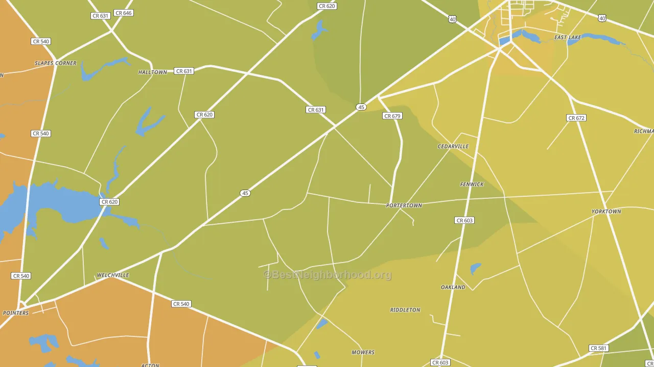 Map of the best neighborhoods in the Portertown area, with better matches in green and worse matches in red