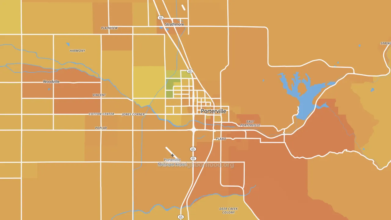 Map of the best neighborhoods in the Porterville area, with better matches in green and worse matches in red