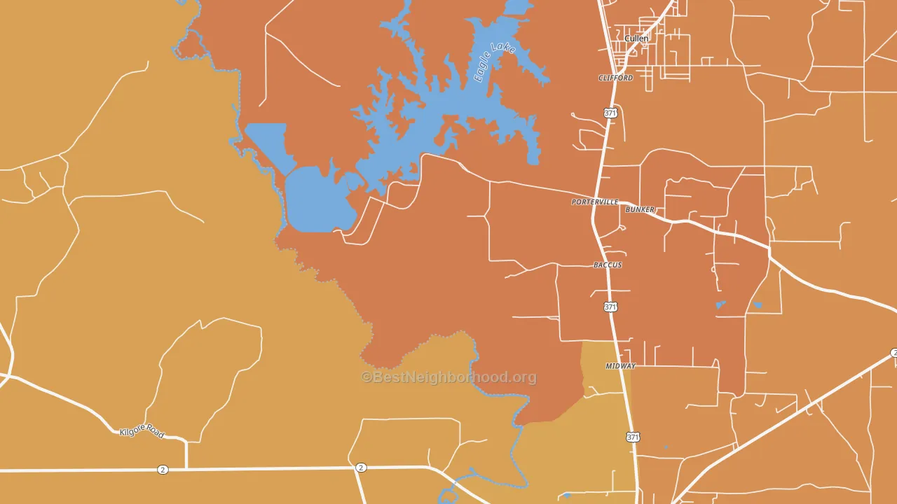 Map of the best neighborhoods in the Porterville area, with better matches in green and worse matches in red