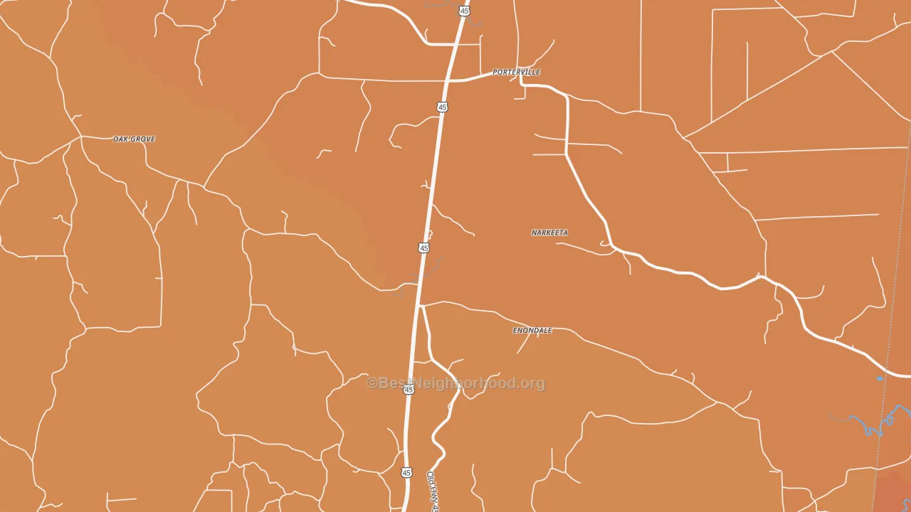 Map of the best neighborhoods in the Porterville area, with better matches in green and worse matches in red